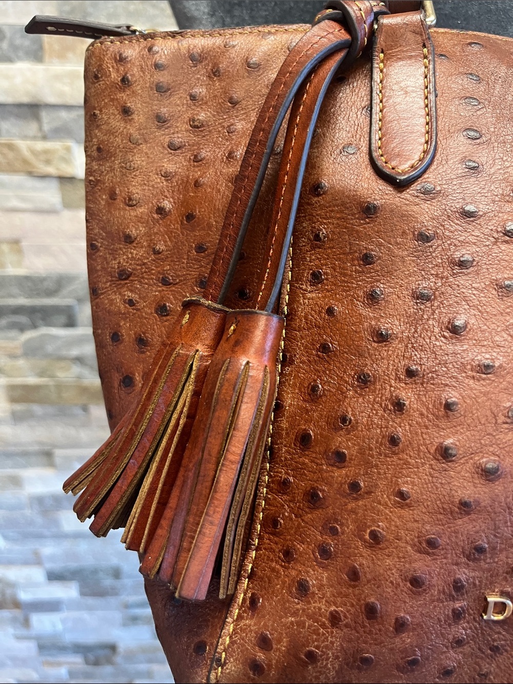 Dooney & Bourke Brown Ostrich-Embossed Leather Tote with Tassel - Picture 3 of 16